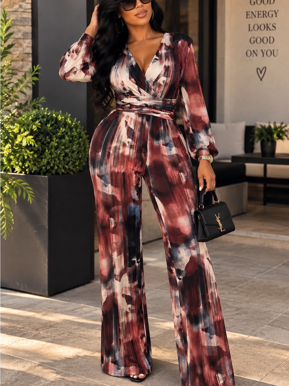 Tie-Dye Wrap Long-Sleeve Wide-Leg Jumpsuit - Burgundy Multi